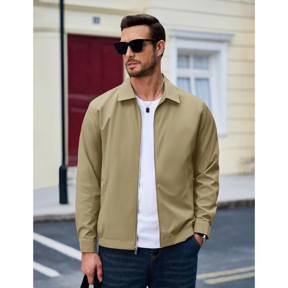 🆕 Men Khaki Lightweight Jacket Full Zip Golf Collar Windbreaker Casual Spring - Picture 4 of 7